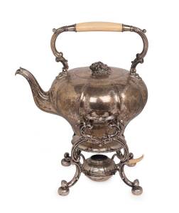 A German silver hot water kettle, stand and burner