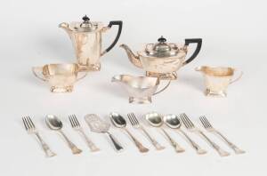 English sterling silver gravy boat retailed through Asprey, 4 piece Heckworth silver plated tea service, assorted Kings pattern cutlery (43), 5 sterling silver servers & three knives.&nbsp;