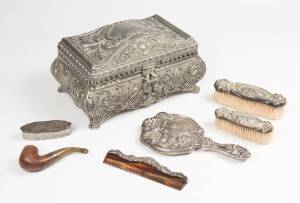 Silver plated jewellery box, sterling silver brushes (2), comb, mirror, &nbsp;jar and a smoker's pipe