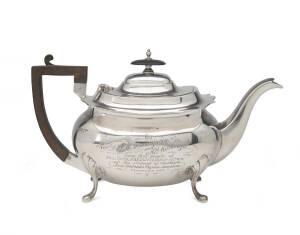 Sterling silver teapot and sugar basin by Walker & Hall with inscription "To Rev. Dr. J.W.Mackenzie DD. and Mrs Mackenzie, from their people of FILA, DANGO, MELE, ERAKOR, & ETON, of the Island of Sandwich New Hebrides Pignus Amicitiae. September 1912"