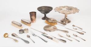 A sterling silver flower holder, sterling silver vanity ware, silver and silver plated cutlery, napkin rings & a silver plated trophy beaker "Melbourne Amateur Regatta, Schools Fours Melbourne, H.S. No.1, W. Ward 2"