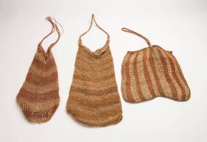 Three Dilly bags, natural fibre and earth pigments, Northern Australian origin, mid 20th Century.