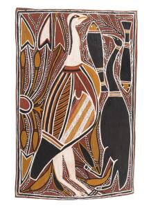 DAVID MALANGI (1927-1999), Untitled (Waterbirds & Fish) (1972), natural earth pigment on eucalyptus bark, 61 x 39cm Provenance: The Alex & Annette Hood Collection, NSW 