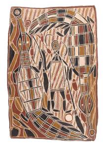 CURLY BARDAGADAPU (Attributed) (circa 1924-1987), Untitled (Moon Man & Crocodiles) (circa 1970), natural earth pigments on eucalyptus bark, 58.5 x 40cm.Provenance: The Alex & Annette Hood Collection, NSW 