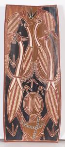 ARTIST UNKNOWN (MANINGRIDA), Untitled (Brolgas) (circa 1970), natural earth pigments on eucalyptus bark, 65 x 27.5cm Provenance: The Alex & Annette Hood Collection, NSW 