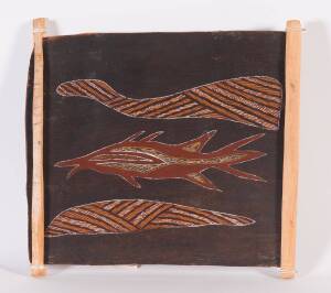 ARTIST UNKNOWN (GROOTE EYLANDT), Untitled (Fish Between Rocks in River) (Late 1960's), natural earth pigments on eucalyptus bark, 29 x 34.5cm Provenance: The Alex & Annette Hood Collection, NSW 