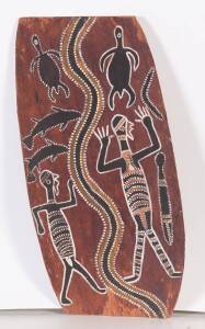 NYM BANDAK (PORT KEATS), Untitled (Spirit Figures) (circa 1970), natural earth pigments on eucalyptus bark, 58.5 x 29cm.Provenance: The Alex & Annette Hood Collection, NSW 