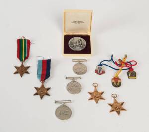 Group of WW2 period Australian military service medals (7), M.C.C. membership badges (3), Berlin Olympics medallion and assorted badges. (38 items)