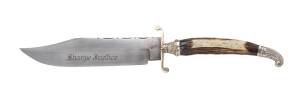 Bowie knife stamped "OLD JUDGE", blade engraved "Sharpe Justice", horn handle with inscription "A Gift From All Ranks 55 Regt. Of Foot To Capt. R.T.Flexon Master Of The Leopard, July 1855". 41cm. This knife is featured in the book "In Defence Of Lives & P