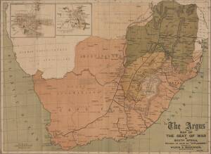 BOER WAR Map: Coloured lithograph supplement titled "The Argus Map Of The Seat Of War In South Africa", published by Wilson & Mackinnon [Melb]. Framed and glazed. Map size 35 x 47cm. Together with photographs from the Boer War & 5 American Tobacco Co. cig