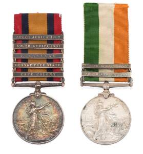 BOER WAR Medals: Queen's South Africa medal with 5 bars including South Africa 1902, South Africa 1901, Transvaal, Orange Free State & Cape Colony, named to (4810 L.Corl. G.Beasley 6th Dragoons Guards). Together with a King's South Africa medal with 2 bar