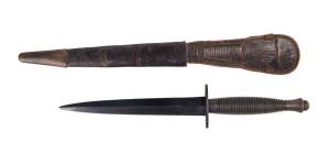 FAIRBAIRN SYKES Commando knife, WW2 period with leather scabbard. 29cm