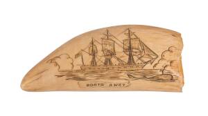 A scrimshaw whale's tooth titled "Boats Away". 12cm. &diams;
