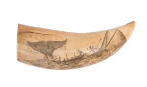 A scrimshaw whale's tooth with whaling scene. 13cm. &diams;