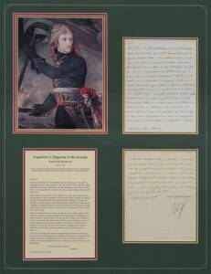 NAPOLEON BONAPARTE (Napoleon I, Emperor of France): Attractive signature on double sided letter from Napoleon at St Cloud, dated 10 June 1806, to his step-son, Prince Eugene de Beauharnais, the Viceroy of Italy. Nicely framed in glazed display. 84 x 68cm 