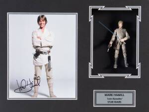 STAR WARS: Luke Skywalker display with photograph signed by Mark Hamill, window mounted with action figure, framed & glazed, overall 59x48cm. With CoA.