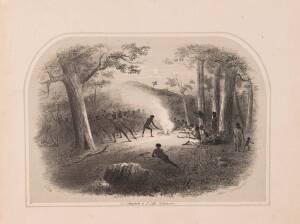 S.T.GILL (1818-1880): Group of 4 early lithographs printed by J. S. Campbell, circa 1853 and 1854. (I) Native Corroboree, (II) Native Sepulchre, (III) Stockmans Hut, (IV) Stockman. 19.5 x 25.5cm