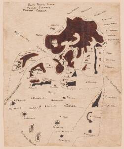 Map of "Tonga Islands, Vavau Group", hand painted on tapa cloth. 20th Century. 58 x 47cm
