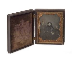 Daguerreotype portrait photograph of a woman and two children housed in a "Littlefield, Parson & Co. Union Case" [Patented 1856]. Case when closed 10 x 12.5cm