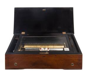 A 12 3/4" cylinder music box with inlaid walnut case, plays 6 tunes, with zither attachment