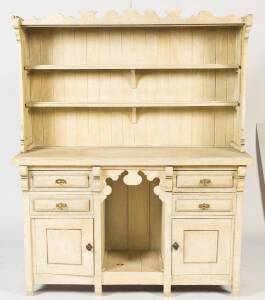 A lime finished twin pedestal kitchen dresser. 174cm high, 144cm wide, 33cm deep.&nbsp;