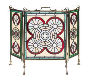 An Edwardian three panel brass mounted leadlight firescreen.&nbsp;65cm high, 77cm wide