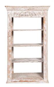 A white painted distressed bookcase with applied central decoration