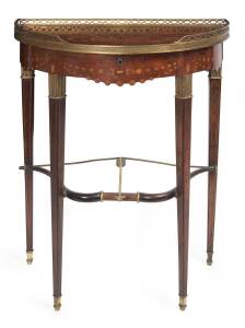 A fine French demi-lune side table with marquetry inlay top, ormolu mounts & gallery and unusual bow & arrow stretcher.&nbsp;