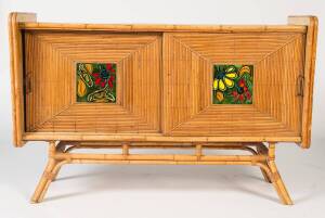 A bamboo sideboard with applied ceramic central panel, probably French