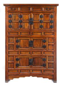 A Korean elm cabinet with iron fittings, early to mid 20th Century. 168cm high, 115cm wide, 52cm deep.&nbsp;