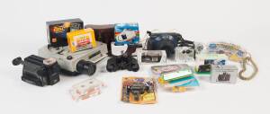 Balance of collection - a group of vintage cameras. The group spanning three boxes, with many novelty and boxed single-use cameras and other vintage cameras. Noted Fujifilm Instax, Kodak bullets (2), Olympus O-product and Mycro IIIA cameras. Also two pair