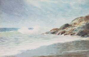 HERBERT CLARKE SIMPSON, Kirra Rocks, watercolour and gouache, 13.5 x 21 cm, along with, ROBERT LOVETT, The Hunter River, Hexen, oil on board, signed lower left: 24 x 29 cm and KENNETH JACK, University 1984, print, signed and dated lower right margin, 27 x