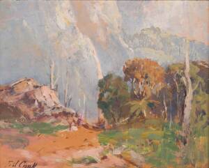 WILLIAM DELAFIELD COOK SNR, Base of the Mountains, acrylic on board, signed lower left,  27 x 34.5 cm