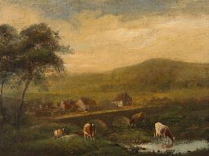 BRITISH SCHOOL, Cows Drinking, oil on board, 21 x 28 cm