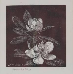 LIONEL LINDSAY, Magnolia 1925, linocut, signed and dated to margin, bears Macquarie Galleries label verso, 7.5 x 7 cm