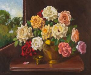 THOMAS BADDILEY (WORKING 1980s), Vase of Roses, oil on board, signed lower left, 49.5 x 59.5 cm