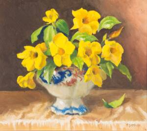 THOMAS BADDILEY (WORKING 1980s), Yellow Flowers in Vase, oil on board, signed lower right, 43 x 50 cm