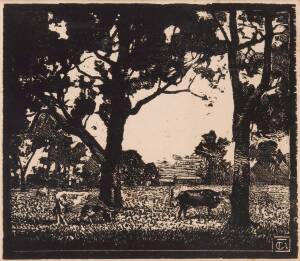 GEORGE FREDERICK REYNOLDS (1880-1932), Cattle in the Field, woodcut, monogrammed in plate, 20 x 22.5 cm