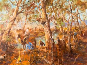 HUGH DAVID SAWREY (1919-1999), Harry Cornfield and his Travelling Mob along the Barcoo River Western Queensland, oil on board, signed lower right: SAWREY, signed and titled verso,74 x 99 cm&nbsp;