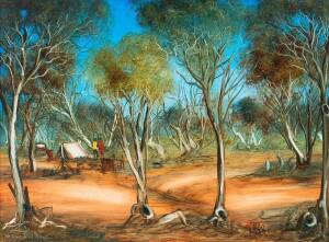 KEVIN CHARLES (PRO) HART (1928-2006), The Nine Mile Scrub, oil on board, signed lower right: PRO HART, titled lower left, 45 x 59.5 cm