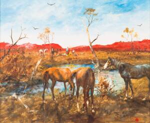 HUGH DAVID SAWREY (1919-1999), Mooraberrie Cattlemen, Camped in the Channel Country Western Queensland, oil on board, signed lower right: SAWREY, signed and titled verso, 49 x 59 cm&nbsp;