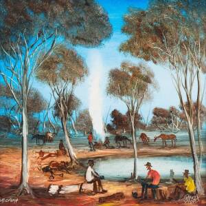 KEVIN CHARLES (PRO) HART (1928-2006), The Camp, oil on board, signed lower right: PRO HART, titled lower left, 29.5 x 29.5 cm
