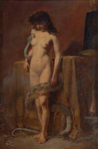 PHILIP H. NEWMAN (British 1840-1927), "The Volaress of Tanith", oil on cedar board, monogram lower left, label verso. 23 x 15cm