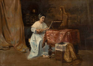 A pair of Flemish genre paintings, 19th Century, depicting interior scenes, oil on canvas and oil on board, 30 x 42cm