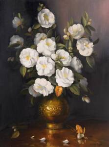 DUDLEY DREW (Born 1924), Camellias, oil on canvas, signed and dated 1969 lower right, 80 x 59cm.&nbsp;