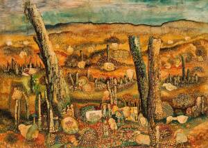 DOUGLAS STUBBS&nbsp;(1927-2008), Landscape with Birds 1972, oil on board, signed, dated and titled lower left, 76 x 105 cm