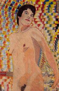 RICHARD CHARLES LARTER (BORN 1929), Pat Standing 1987, oil on board, initialled and dated lower right: R. L. 12. 1987., signed, dated, titled and inscribed verso, 90 x 59 cm