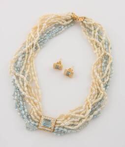 An aquamarine and diamond suite comprising a freshwater pearl necklace with centre piece and matching earrings. 14ct yellow gold. Collar length 39cm.&nbsp;