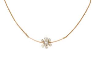 A diamond necklace, the central knife edge section set with old brilliant cut diamonds of total estimated weight 3.38 carats, and hung on a gold chain. 15ct yellow gold. Weight 9 grams.