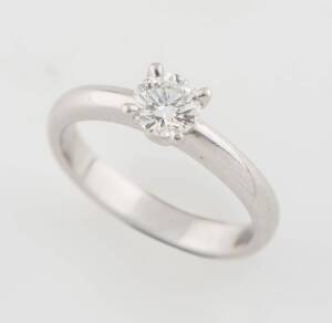 A solitaire diamond ring, the round brilliant cut diamond of estimated weight 0.70 carats. Platinum. Weight 4.94 grams. Size K&nbsp;&frac12;.&nbsp;